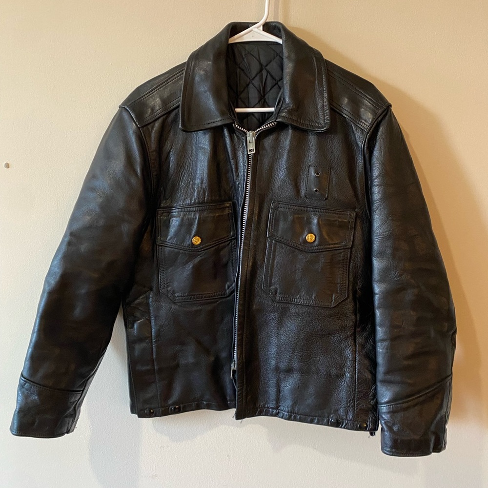 Vintage black leather police jacket 60s Medium